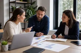 Trois membres d'une petite équipe en réunion dans un bureau lumineux, examinant graphiques et documents commerciaux sur une table, ambiance professionnelle et conviviale.