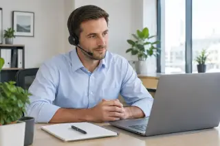 Man at desk in a bright office, wearing headset, ready to start a business call, laptop and notepad in front of him, calm and professional atmosphere.
