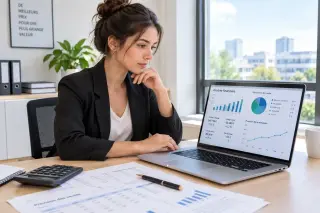 Jeune entrepreneuse devant un ordinateur, travaillant à une tarification rentable dans un bureau moderne, des graphiques financiers affichés à l’écran, ambiance professionnelle avec lumière naturelle.