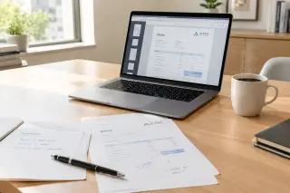 bureau moderne avec ordinateur portable affichant un PDF, documents imprimés et stylo sur table en bois, éclairé par la lumière du jour