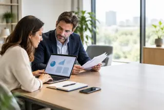 Deux professionnels B2B analysent ensemble des profils de prospects dans un bureau lumineux.